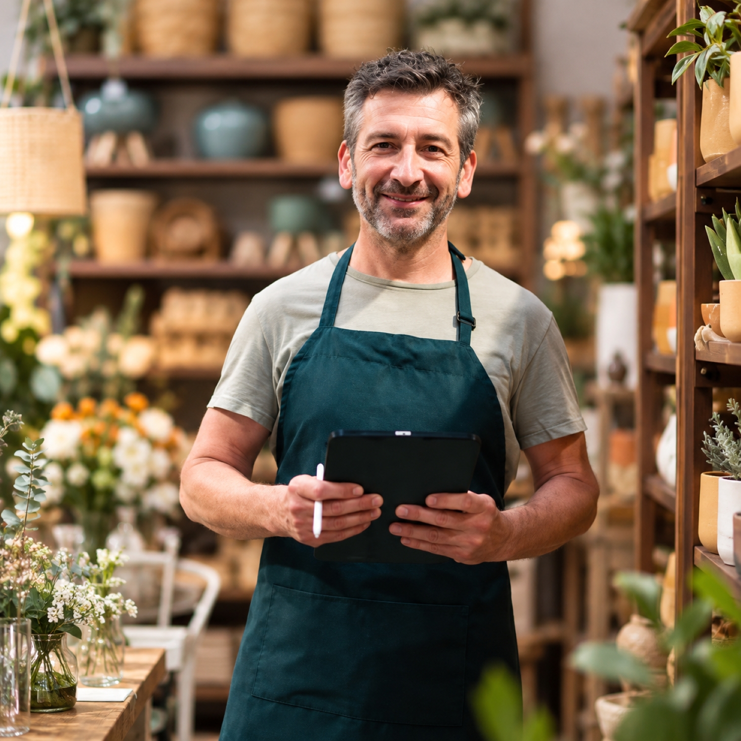 Selbstständiger Unternehmer steht mit Tablet in seinem Geschäft und blickt freundlich in die Kamera.