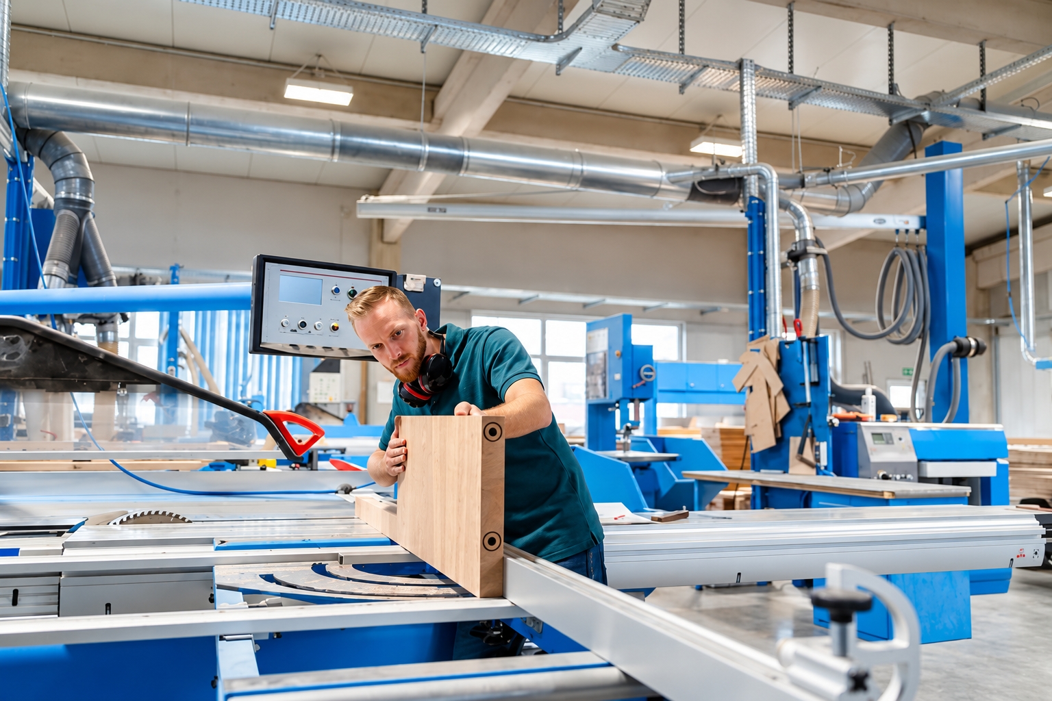Mann mit Gehörschutz um den Hals richtet ein Holzwerkstück an einer Maschine in einer Holzwerkstatt aus.