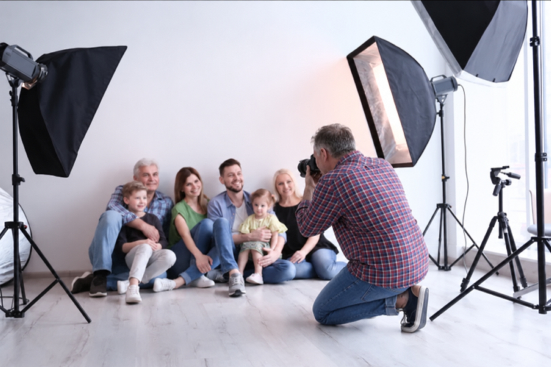 Fotograf fotografiert eine mehrgenerationale Familie mit zwei Kindern in einem hellen Fotostudio.