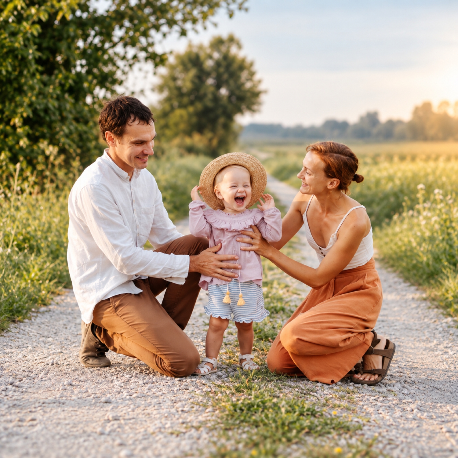 Eltern mit ihrem kleinen Kind bei einem Familienshooting auf einem Feldweg im Grünen.