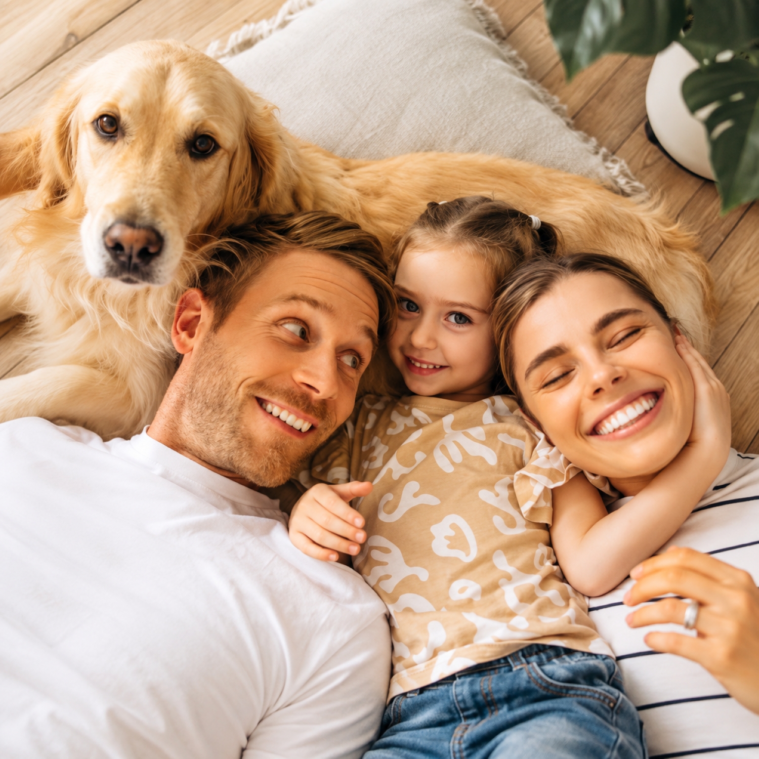 Eltern liegen mit ihrer Tochter und dem Familienhund gemeinsam auf dem Boden zu Hause.