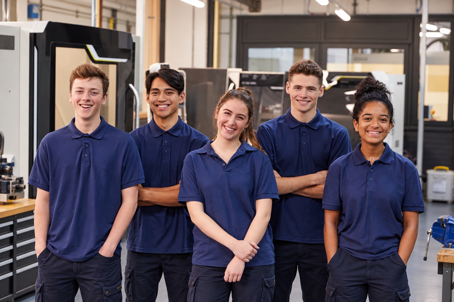 Fünf lächelnde Personen in blauen Poloshirts stehen gemeinsam vor Maschinen in einer Werkstatt.