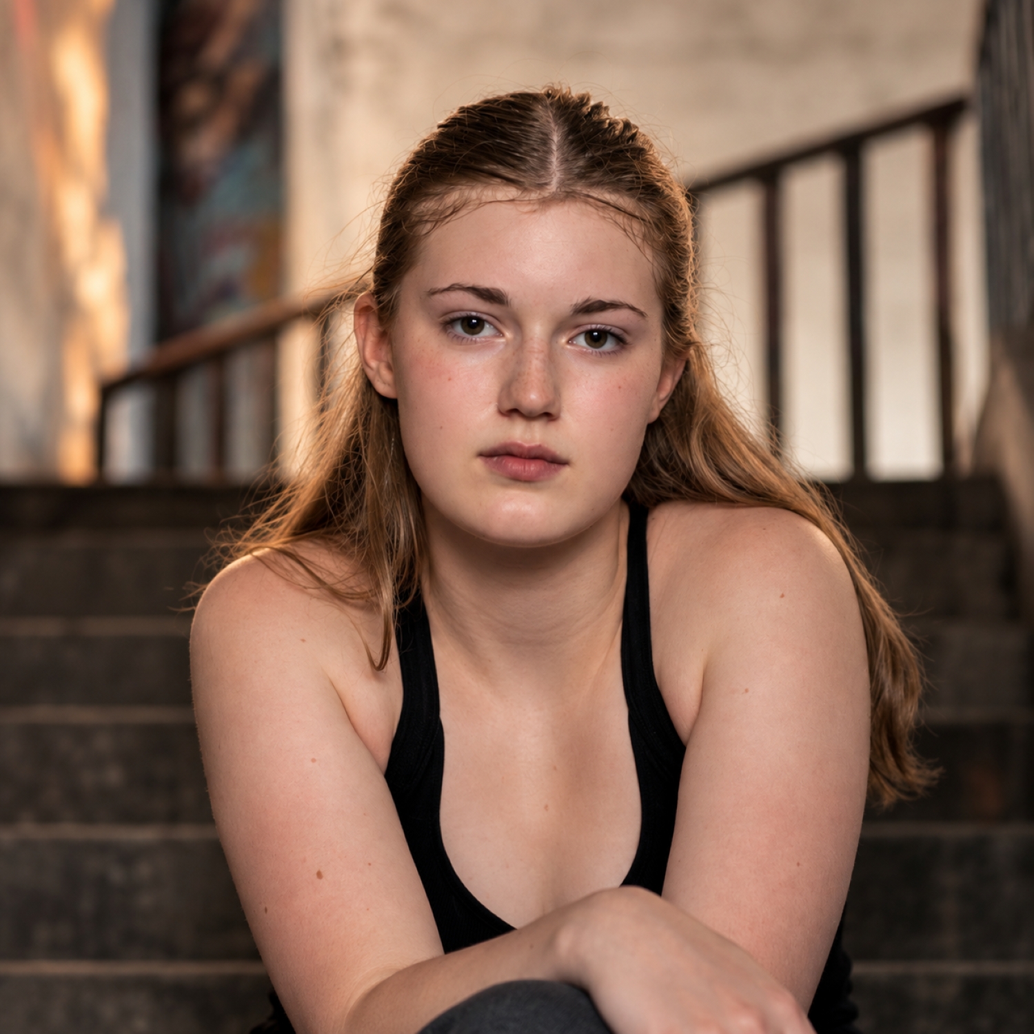 Junge Frau sitzt für ein ausdrucksstarkes Portrait vor einer urbanen Treppenkulisse.